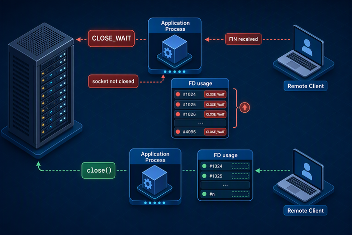 Linux CLOSE_WAIT connections, file descriptor usage, and application cleanup workflow